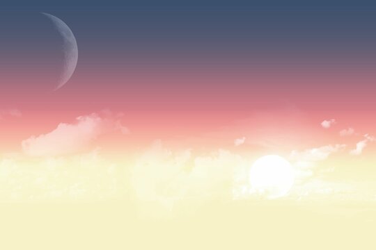 Fototapeta Flat design sky is transitioning navy to yellow, featuring crescent moon, low sun and soft clouds
