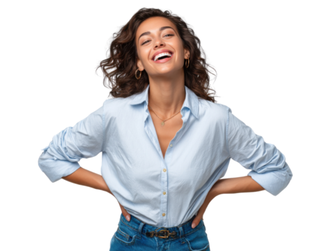 Radiant Smile: Portrait of a woman embodies pure joy and unbridled happiness. Her genuine laughter, eyes closed in bliss, creates a connection with the viewer, showcasing positivity and well-being.