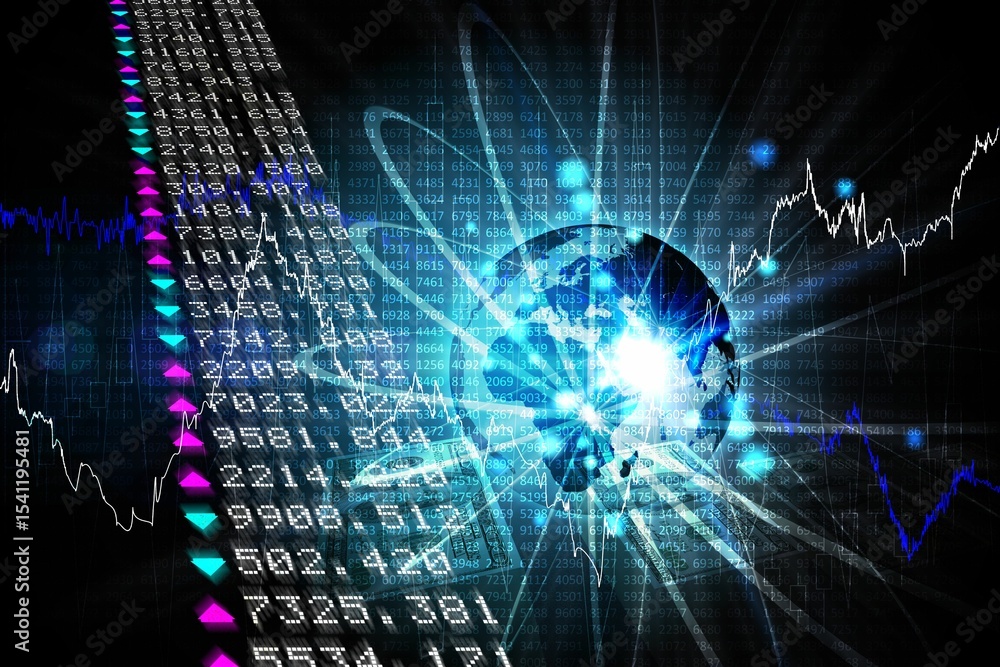 Poster 3d render is combining global data streams, colored arrows and line charts around glowing globe