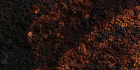 Mesmerizing view of a lava flow, red hot molten liquid streaming over black solid volcanic rocks, aerial directly above shot. Abstract, texture