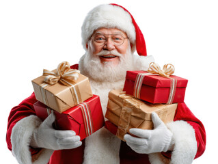 Jolly Saint Nicholas with Gifts: A jolly Santa Claus beams, holding a stack of beautifully wrapped gifts, embodying the spirit of generosity and holiday cheer.