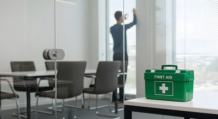 Modern office safety preparedness shown with a green first aid kit in a contemporary workspace near a glass partition