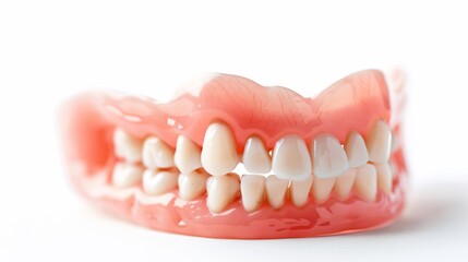 Fototapeta premium Close up of a denture set with pink gums and realistic white teeth isolated on a white background