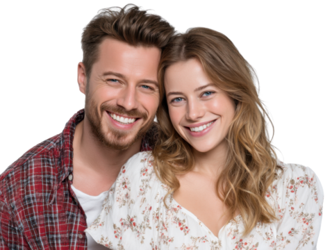 Affectionate Portrait: A couple shares an intimate moment, captured in a head-and-shoulders shot with radiant smiles, embodying the essence of romance and connection.