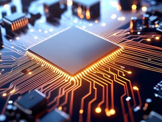 Close-up of a microchip glowing on a circuit board, high-tech lighting, digital depth of field.