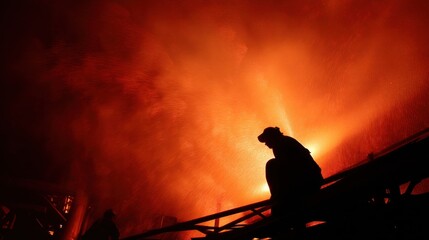 Industrial worker silhouetted by giant flare at night
