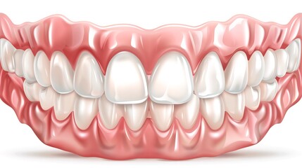 Obraz premium Close up of a denture set with pink gums and realistic white teeth isolated on a white background
