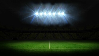 Six stadium floodlights are shining over flat design night pitch with white center line and stands