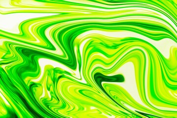 Green and yellow fluid swirling and flowing in flat design, marbling motion, transparent background