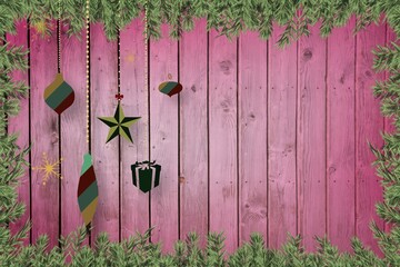 Christmas baubles in front of wood