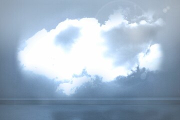 Bright white cloud formation is hovering over calm ocean in watercolor style illustration