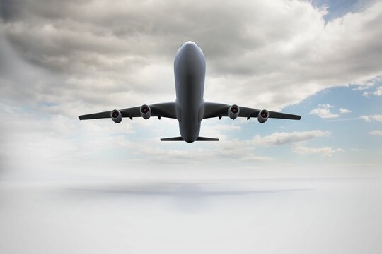 Fototapeta Four-engine commercial jet airplane is soaring above dense cloud layer in flat design illustration