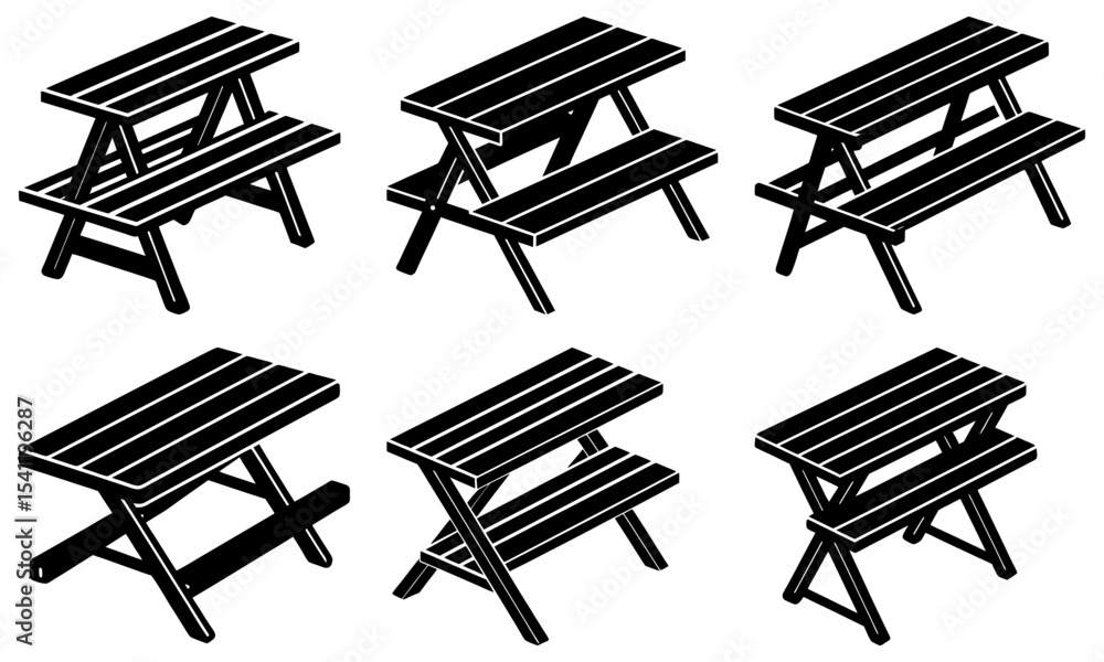 Poster isometric view of six black and white step stools arranged in a grid pattern on a white background