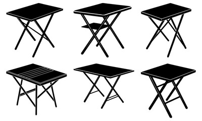 Fototapeta premium Illustration of six black folding tables with different designs and styles on a white background scene