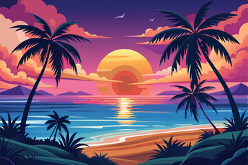 Tropical sea view sunset background illustration design.