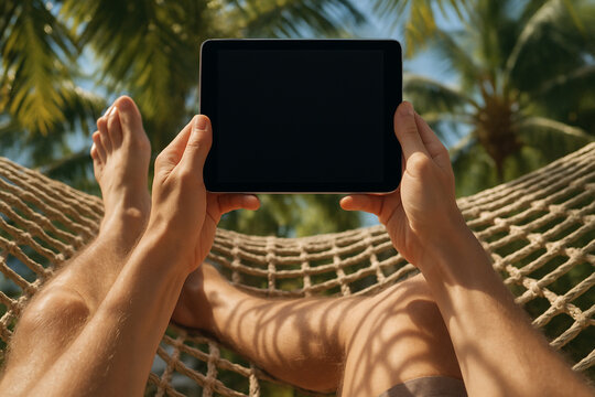 Relaxing in a tropical hammock with a tablet, perfect for leisure and digital nomad themes.
