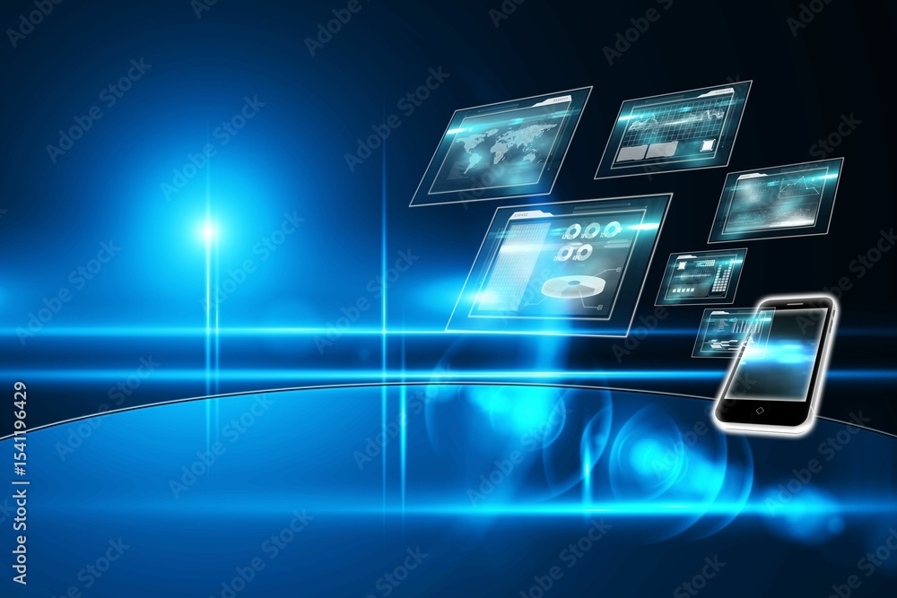 Poster floating 3d holographic interface cluster is hovering over platform with smartphone and data panels