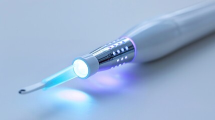 Close up of a digital intraoral scanner with a glowing tip isolated on a white background