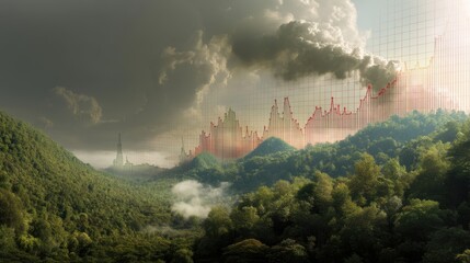Emissions graph superimposed on sustainable landscape