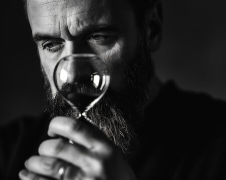 A black and white close-up of a bearded man intently examining a glass of dark liquid, suggesting contemplation or tasting. - Powered by Adobe