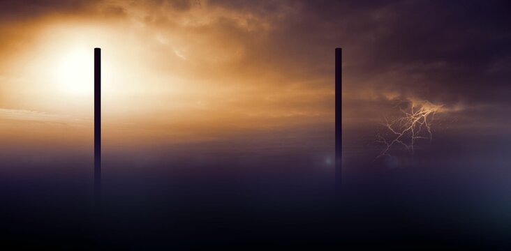 Fototapeta Two slender vertical pillars are rising in flat design, featuring fog, sun, storm clouds, lightning