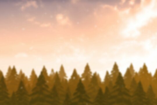 Fototapeta Silhouette pine forest is stretching across horizon under glowing orange sunset sky in flat design