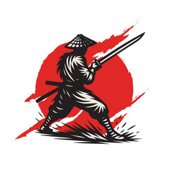 Silhouette of a Ninja Warrior with Katana and Conical Hat against Red Sun