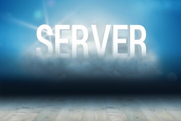 White 3D SERVER text is hovering above mist on wooden floor with blue backdrop lens flare