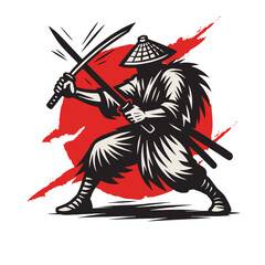 Silhouette of a Ninja Warrior with Katana and Conical Hat against Red Sun