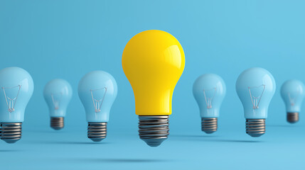 Light bulb yellow floating outstanding among lightbulb light blue on background. Concept of creative idea and innovation, Unique, Think different,