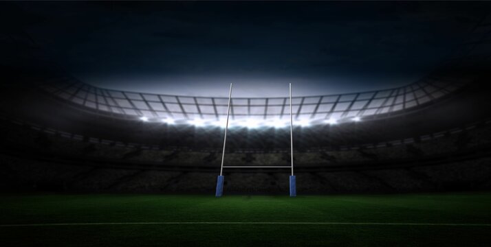 Flat design rugby stadium showing night floodlights lighting green pitch with blue padded goal post