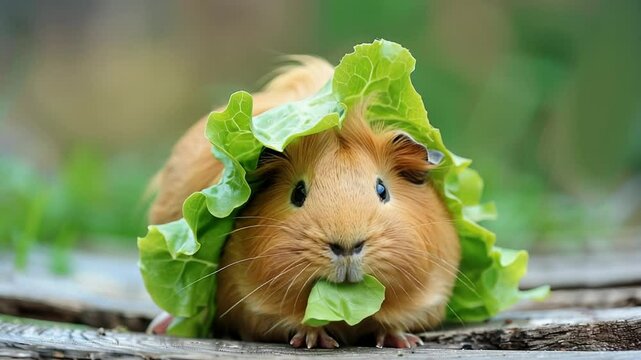 Cute Guinea Pig Eating Lettuce Outdoors.