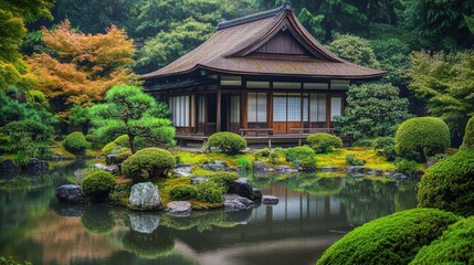Fototapeta premium Tranquil Japanese Garden with Traditional Tea House Surrounded by Lush Greenery and Still Water Reflection