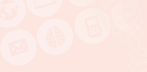 Showing flat translucent circles on pink featuring brain, envelope, globe, calculator and DNA helix