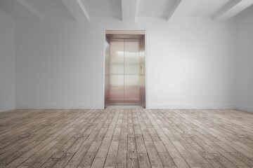 Obraz premium Empty lobby is featuring wood flooring and exposed ceiling beams with stainless steel elevator door