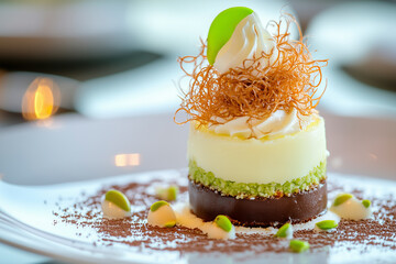Dubai chocolate dessert with kataifi and pistachio paste. Trend dessert. AI Generative
