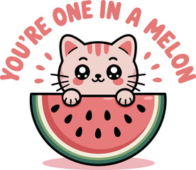 Cute Cat in Watermelon with "You're One in a Melon" Pun – Kawaii Fruit Illustration