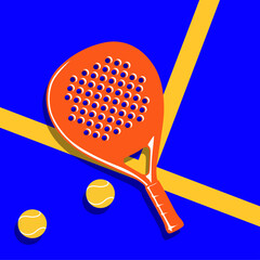 Padel Racket and Tennis ball close up on the court pop art vector illustration. Padel ball.