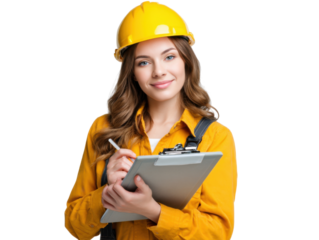 Confident Female Engineer: A young female engineer confidently holds a clipboard and pen, wearing a yellow hard hat and work shirt, ready to tackle any challenge.