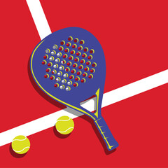 Padel Racket and Tennis ball close up on the court pop art vector illustration. Padel ball.