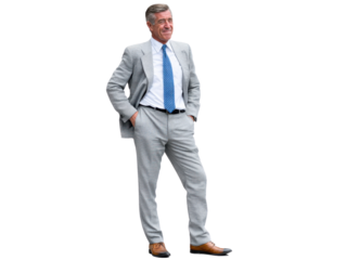 Confident Businessman: A successful, mature businessman stands confidently in a light grey suit, hands in pockets, exuding professionalism and self-assurance.