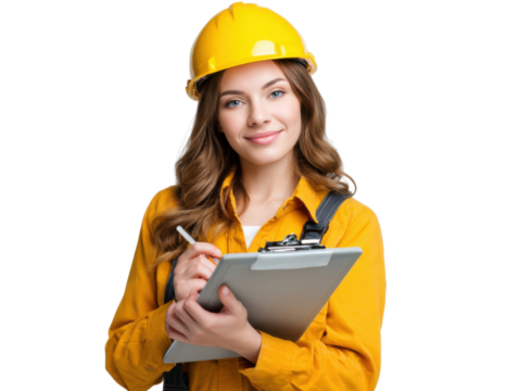Confident Female Engineer: A young female engineer confidently holds a clipboard and pen, wearing a yellow hard hat and work shirt, ready to tackle any challenge. 