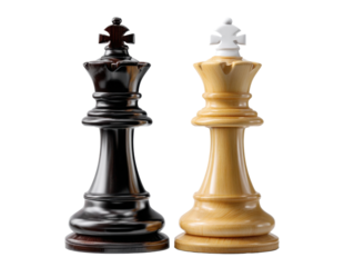 Chess Kings' Clash: A strategic standoff is depicted with the intricate forms of black and white chess kings set against a minimalist backdrop.