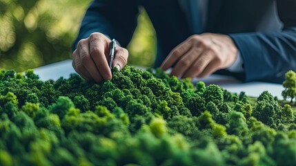 Businessman developing a financial and green energy strategy using forest model for ecology project. 