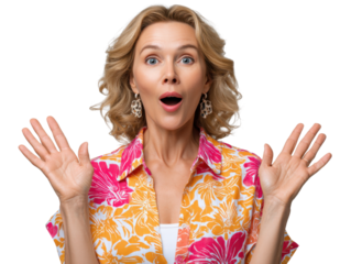 Amazed: A portrait of a surprised woman with fair skin and curly blond hair, expresses astonishment and excitement. Capturing an array of expressive emotions