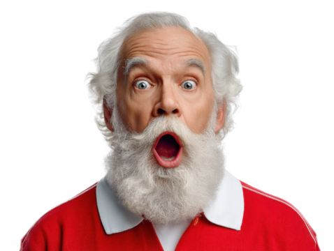 Surprised Santa Claus: A jovial, elderly man, embodies the spirit of festive surprise, expressing shock and awe with wide eyes and an open mouth, capturing the whimsical essence of holiday season.