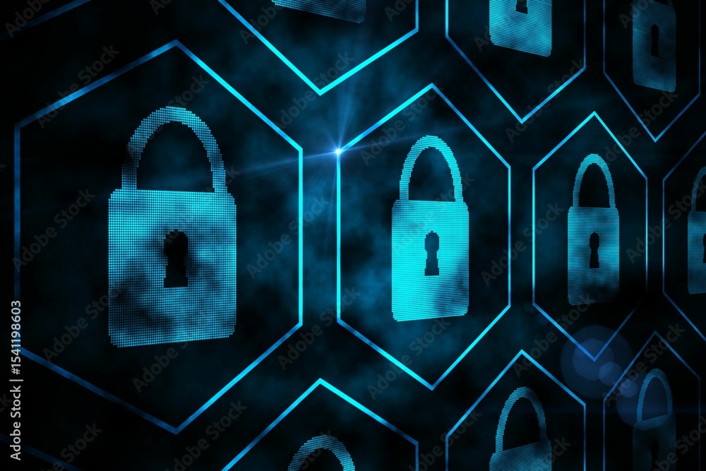 Poster glowing padlock icons are forming hexagonal grid in security ui with smoky background and flares