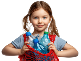 Eco-Conscious Kid: A cheerful young girl tenderly cradles a reusable net bag brimming with recycled plastic bottles, embodying the essence of environmental responsibility.