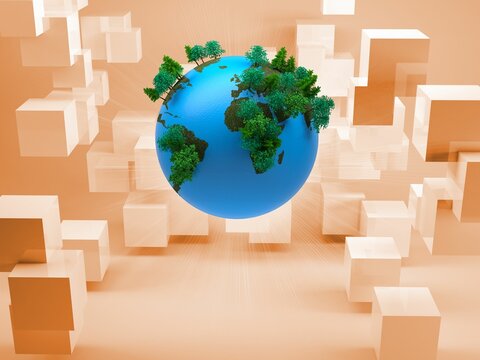 Fototapeta Earth on abstract background with cubes
