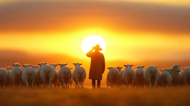 A static shot The shepherd raises a hand and whistles softly Some of the sheep in the flock turn their heads towards the sound The sun continues to rise, casting long shadows across the field